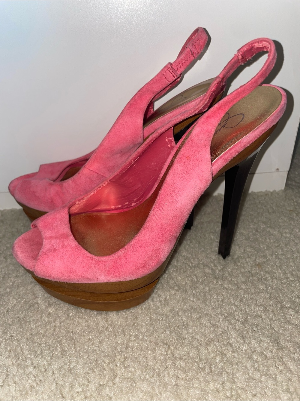 Y2K Jessica Simpson 6” Pink Suede Peep-Toe Platform Slingback Heels